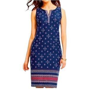 TALBOTS 1X SLEEVELESS V-NECK NAVY BLUE PATTERNED CASUAL DRESS WOMENS